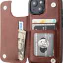 ONETOP Compatible with iPhone 15 Wallet Case with Card Holder, PU Leather Kickstand Card Slots Case, Double Magnetic Clasp and Durable Shockproof Cover 6.1 Inch (Brown)