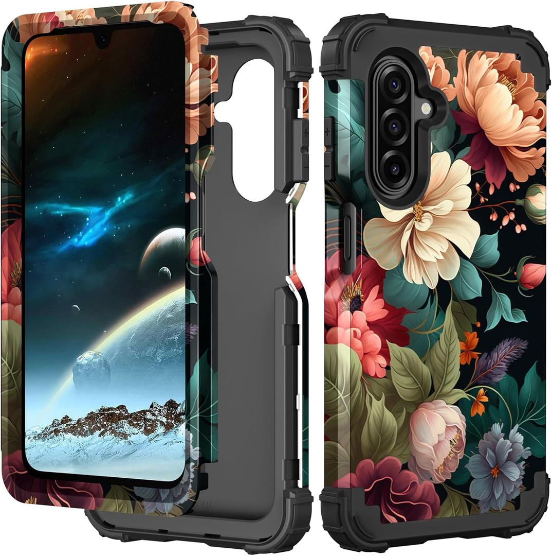 PIXIU Unique Flower Pattern Compatible with Samsung Galaxy A17 case,Heavy Duty Dual Layer Shockproof Full-Body Protective Sturdy Hybrid Cute Rugged Case for Women,Girls,Kids-Black Flower (T77)