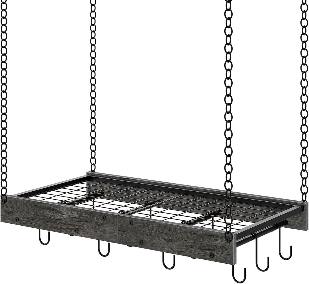 Hanging Pot Rack, Ceiling Mounted Pot Hanger, Vintage Pot Rack for Kitchen, Pot Storage Organizer, with 12 S-Shaped Hooks, for Cookware Storage, Space Saving, Charcoal Black and Black TPR01BC