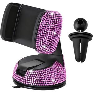 Bling Car Phone Holder, Rhinestone Vehicle Windshield Dashboard Cellphones Mount with Clamp, 360Adjustable Diamond Automotive Air Vent Smartphones Stand, Universal Fit (Pink)