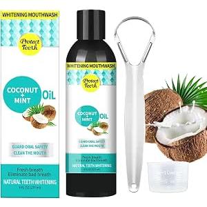 Coconut Oil Mouthwash for Teeth, Oil Pulling with Tongue Scraper, Natural Oral Care, Fights Bad Breath, Alcohol Free, Teeth Whitening, Gum Health, Dye-Free, Antigingivitis Mouthwash (S)