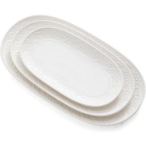 Oval Serving Platter, 14"/12"/10" Ceramic Serving Platters, Embossed White Serving Plates, Stackable Porcelain Tray for Appetizer, Dessert, Pasta, Sushi, Oven Dishwasher Safe, Set of 3, Family Dining