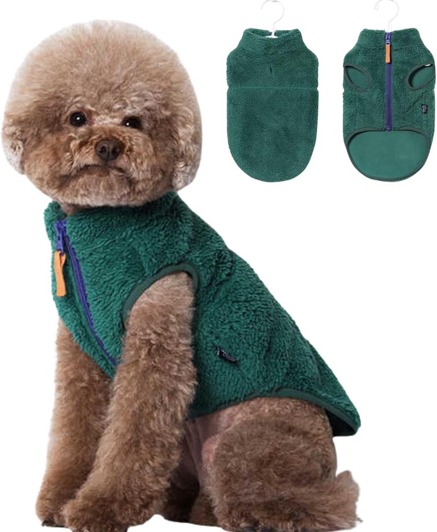 Urnat Small Dog Plush Fleece Coat, Soft Warm Cozy Winter Sweater Jacket Vest Clothes for Puppy Chihuahua Poodle Yorkie Pomeranian (Green, L)