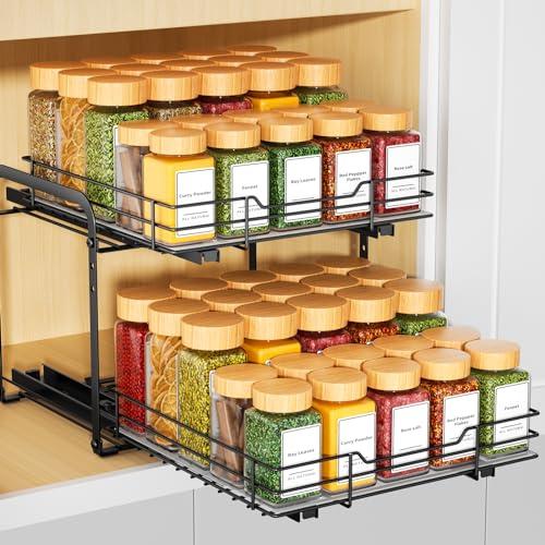 RCHYFEED Spice Organization for Cabinet,2 Tier Pull out Spice Rack Organizer for Inside Cabinets & Pantry, Slide out Heavy Duty Spice Shelf Rack for Kitchen Seasoning (11.5" Wx10.5 Dx9.5 H)