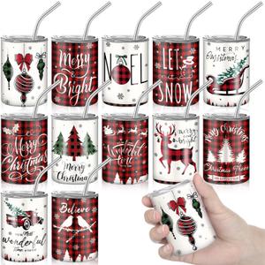 Roshtia 12 Pcs Christmas Mini Tumbler Shot Glass with Straw and Lid 3 oz Christmas Stainless Steel Insulated Tumblers Double Wall Vacuum Insulated Cups for Xmas Wedding Bar Coffee Cocktail Hot Cocoa