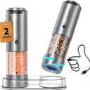 CIRCLE JOY Electric Salt and Pepper Grinder Set Stainless Steel Rechargeable Salt and Pepper Grinder Set, Variable Grinding Speed, External Adjustable Coarseness, Storage Base, White LED Light, Silver
