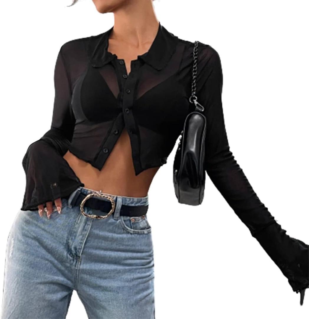 Avanova Women Sheer Mesh Button Down Crop Top Bell Sleeve Asymmetrical Hem Shirt Black C X-Large