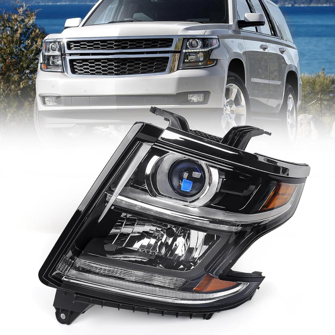 FIONE Headlight Compatible with Chevy Tahoe/Suburban 2015-2020 DRL Halogen Headlamp NOT HID Black Housing Left Driver Side LH W/O Bulbs