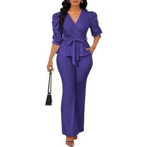 Ekaliy Dressy 2 Piece Pant Sets for Women Fall Outfits Ruffle Top Wide Leg Business Pantsuits (Purple, XL)