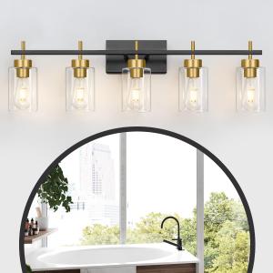 Black Gold Bathroom Vanity Light, Mid Century Modern Brushed Gold Light Over Mirror, 5-Light Wall Sconces (Black & Gold)