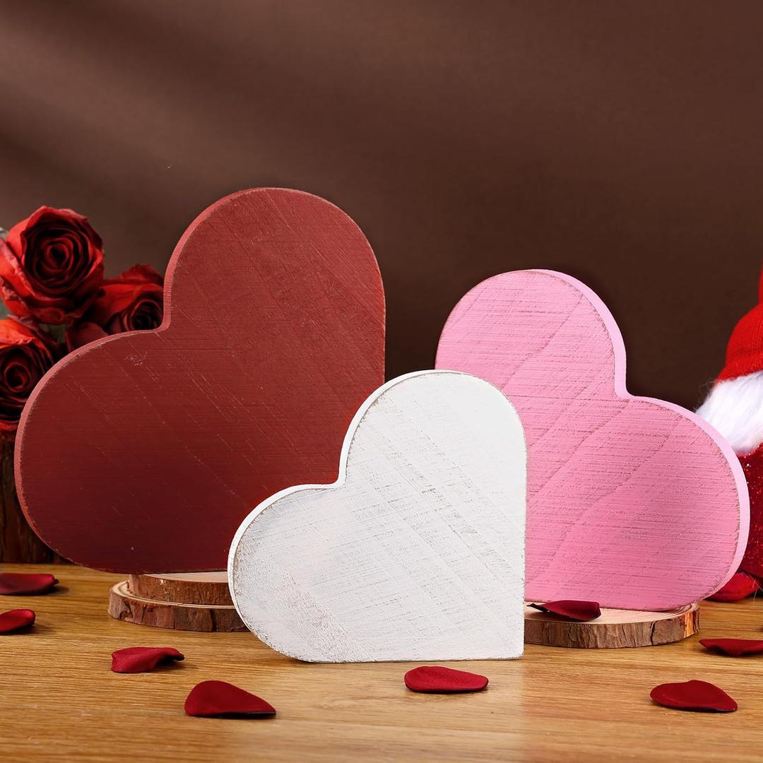 3 Pcs Valentines Day Decor Wooden Heart Sign Rustic Farmhouse Tabletop Centerpiece Red Pink White Table Decorations for Tiered Tray Home Kitchen Bedroom Couple Gifts