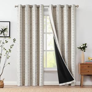 jinchan 100% Blackout Boho Curtains 84 Inches Long for Bedroom Black on Beige Geometric Printed Grommet Top Room Darkening Thermal Insulated Window Drapes 2 Panels (52"W x 84"L (Pack of 2), Boho | Black on Beige)