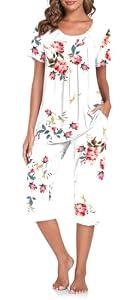 TAOHUADAO Women's Pajamas Set with Pockets Capri Pants with Short Sleeve Top Ladies Sleepwear Plus Size Pjs Loungewear M, Floral White