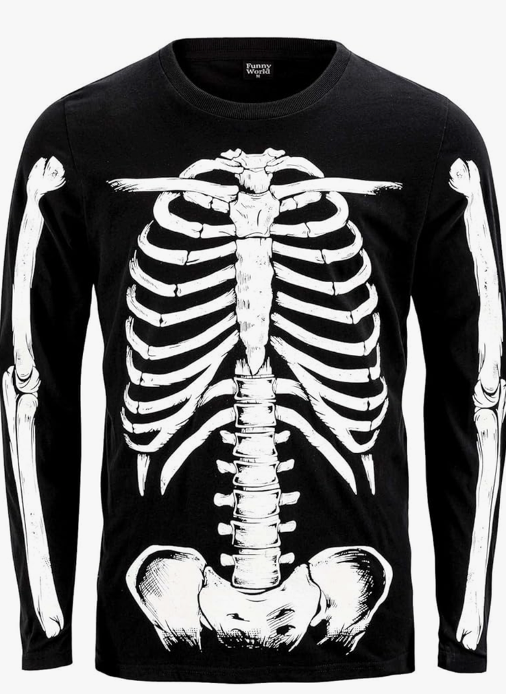 Funny World Glow in The Dark Men's Cotton Long Sleeve Skeleton Halloween T-Shirt Size, Extra large, Black 