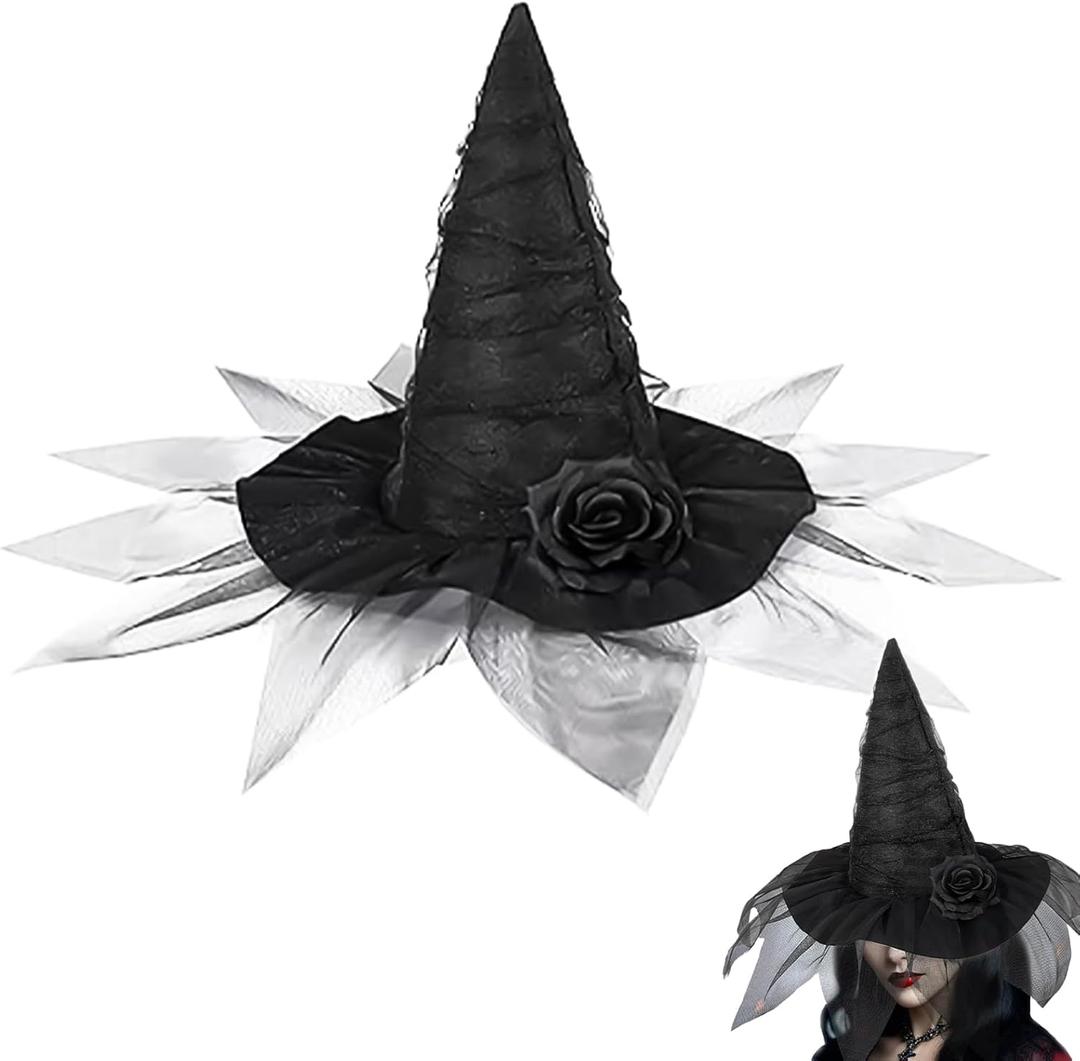 Halloween Witch Hat for Women, Elegant Witch Costume Accessory with Veil & Rose, Gothic Wizard Hats for Halloween Parties