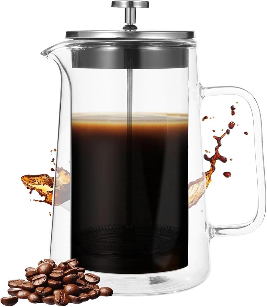 Press Coffee Maker, 1000 ml/33.8 oz Double Wall Insulated Tea Maker, Heat Resistant High Borosilicate Glass with Fine Mesh Filter & Ergonomic Handle, Ideal for Hot and Cold Beverages
