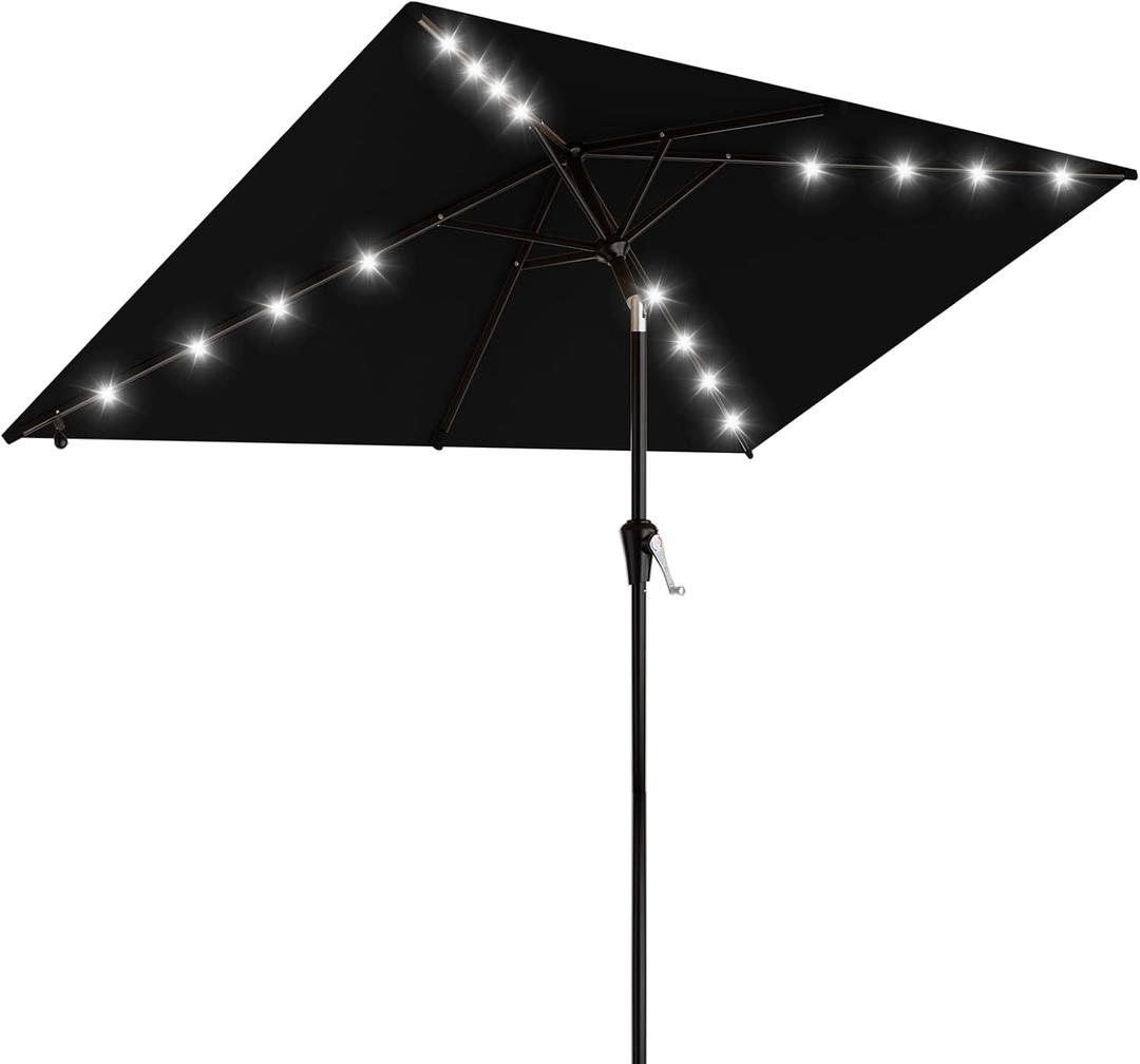 AreShark 6.5' x 10' Rectangular Patio Umbrella with Solar Lights, Solar Powered Lighted Market Umbrella w/Tilt and Crank, Outdoor Table Umbrella for Garden, Deck, Backyard, Pool and Beach, Black