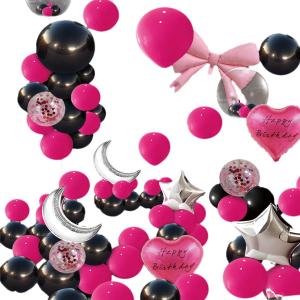 Black and Pink Party Decoration Set Happy Birthday Backdrop Birthday Decor Including Confetti Balloons Shaped Balloons and Accessories (Black+Pink)