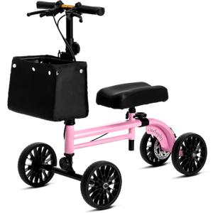 Knee Scooter with Disc Brake, Steerable Knee Walker for Adults,Foldable Rover Scooter for Broken Foot Injured Leg Crutch,Pink