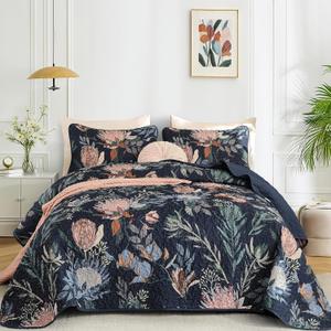 Dintszyayue King Size Quilts Navy, 3 Pieces Boho Floral Bedspread Bedding for King Size Bed, Soft Lightweight Microfiber Coverlet Set for All Season Quilt with 2 Pillowcases