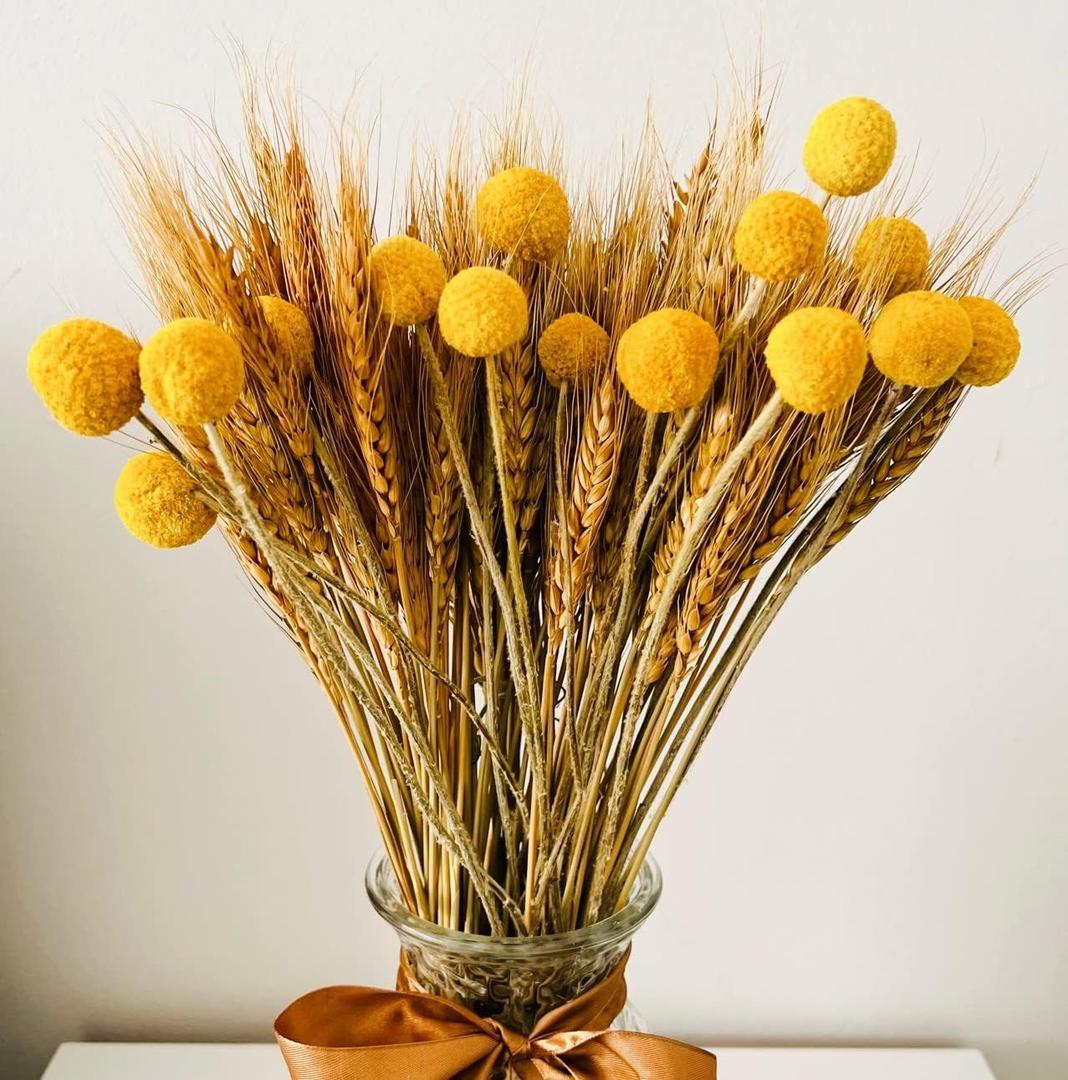 100pcs Dried Wheat Grass Decor & 15 Stems Yellow Billy Balls Buttons, Dried Flowers Bouquet, Fall Flowers Decoration, Wheat Stalks Bundles, Corn Stalks Wheat Decor Autumn Floral
