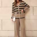 Viottiset Women's 2 Piece Outfits Stripe Sweatsuit Set Long Sleeve Button Sweatshirt Wide Leg Sweatpants Lounge Set XL