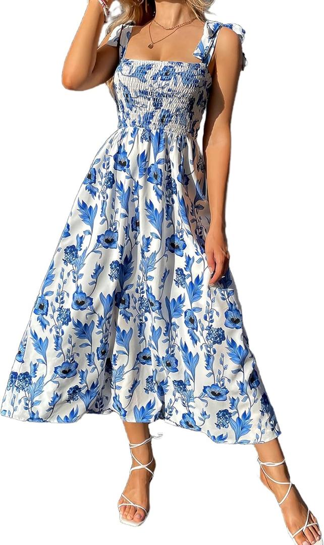 MakeMeChic Women's Summer Floral Dresses 2025 Beach Vacation Casual Blue and White Long Maxi Sundresses (Medium)