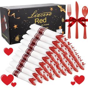 Liacere 400PCS Pre Rolled Red Silverware and Napkin - Disposable Red Plastic Utensils-Wrapped Plastic Cutlery Set with Napkin: 100Forks, 100Knives, 100Spoons, 100Napkins for Wedding, Valentine's Day