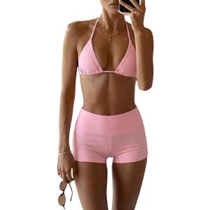 MakeMeChic Women's Bikini with Shorts Boyshort Bikini Set Halter Tie Backless Y2K Cute Swimsuits (Pink, M)