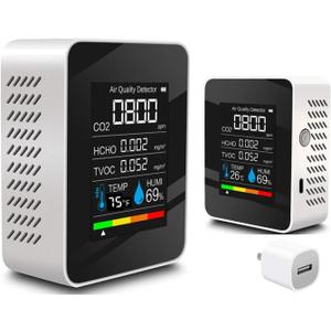 Indoor Air Quality Monitor, Professional Portable Detector & Accurate CO2, TVOC, HCHO, Humidity& Temperature Particle Counter, for Home, Office, Plants and Pets, 5-in-1 Air Detector