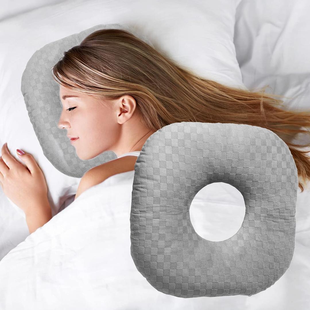 Ear Piercing Pillow for Side Sleepers with an Ear Hole for CNH and Ear Pain Ear Inflammation Pressure Sores, Cotton O-Shaped Side Sleeping Pillow, Ear Guard Pillow (Gray)