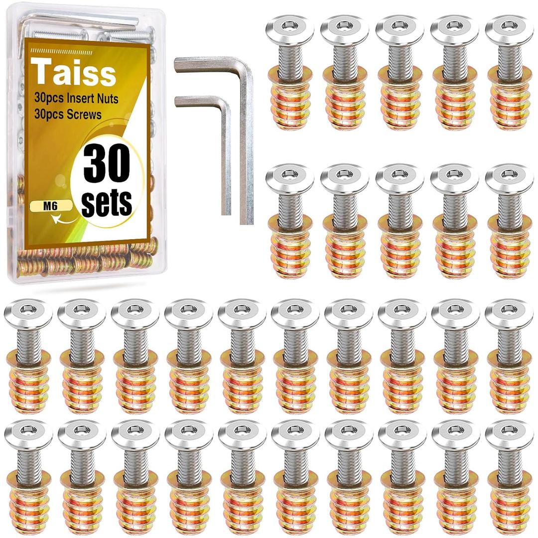Taiss 30 Sets M6x25mm Furniture Screw Nut Threaded Inserts for Wood,M6x15mm Nut Threaded Wood Inserts Bolt Fastener Connector Hex Socket Drive Screw-in Nuts with Hex Spanner (Silver)