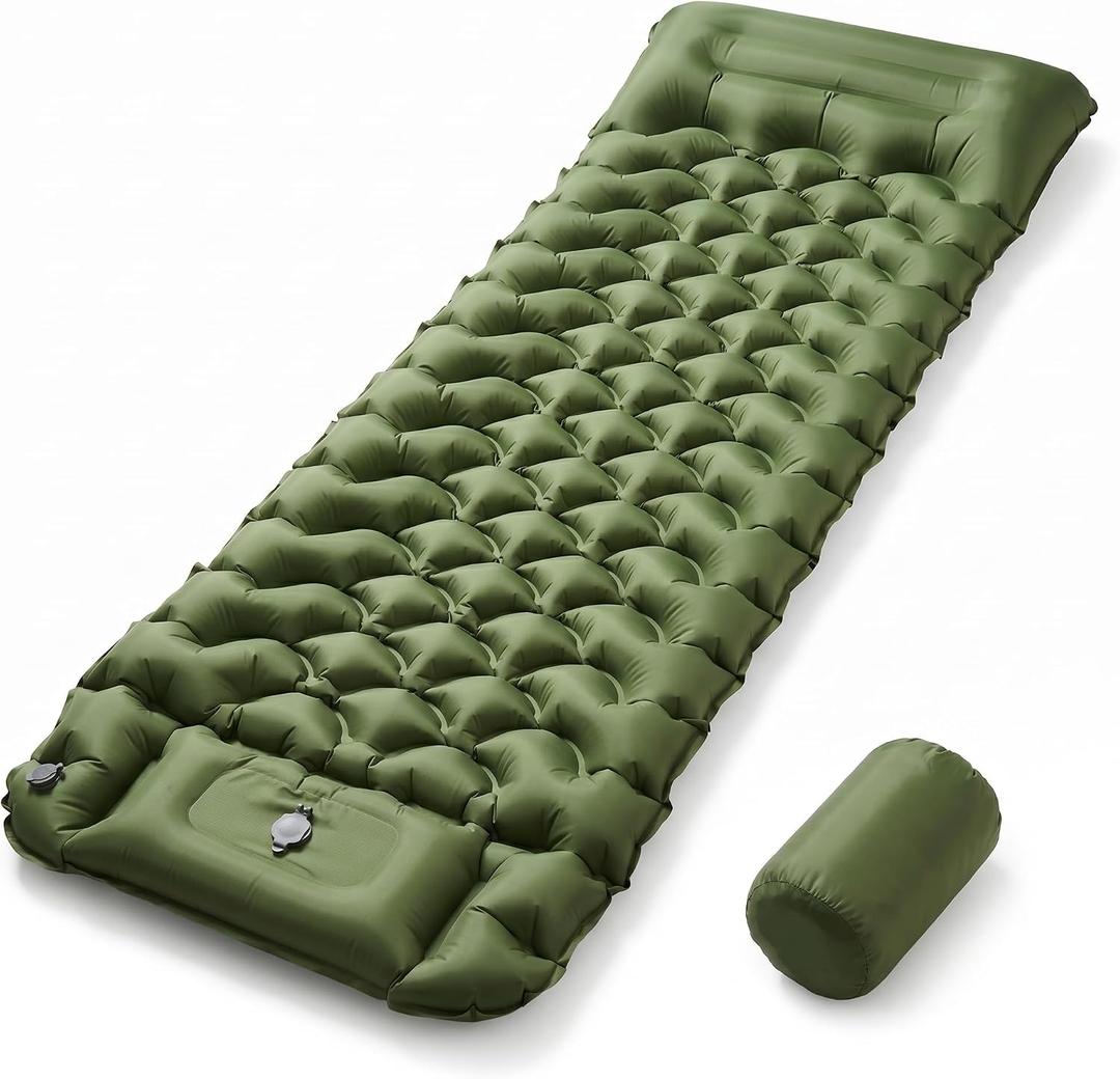 Sleeping Pad R-Value 3.0, 4 Thick Backpacking Sleeping Pad with Built-in Foot Pump & Pillow, Ultralight Self Inflating Air Mattress Camping Mat for Hiking, Tent,Travel Gear (Green)