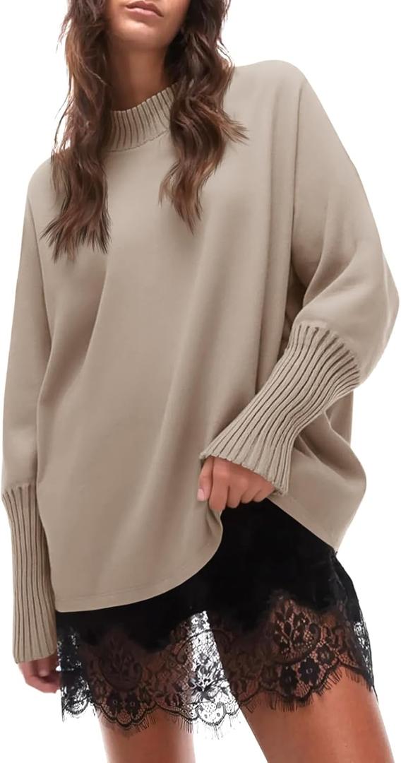 Cicy Bell Womens Mock Neck Sweaters Batwing Long Sleeve Chunky Knit Pullover Oversized Fall Casual Trendy Sweater Tops