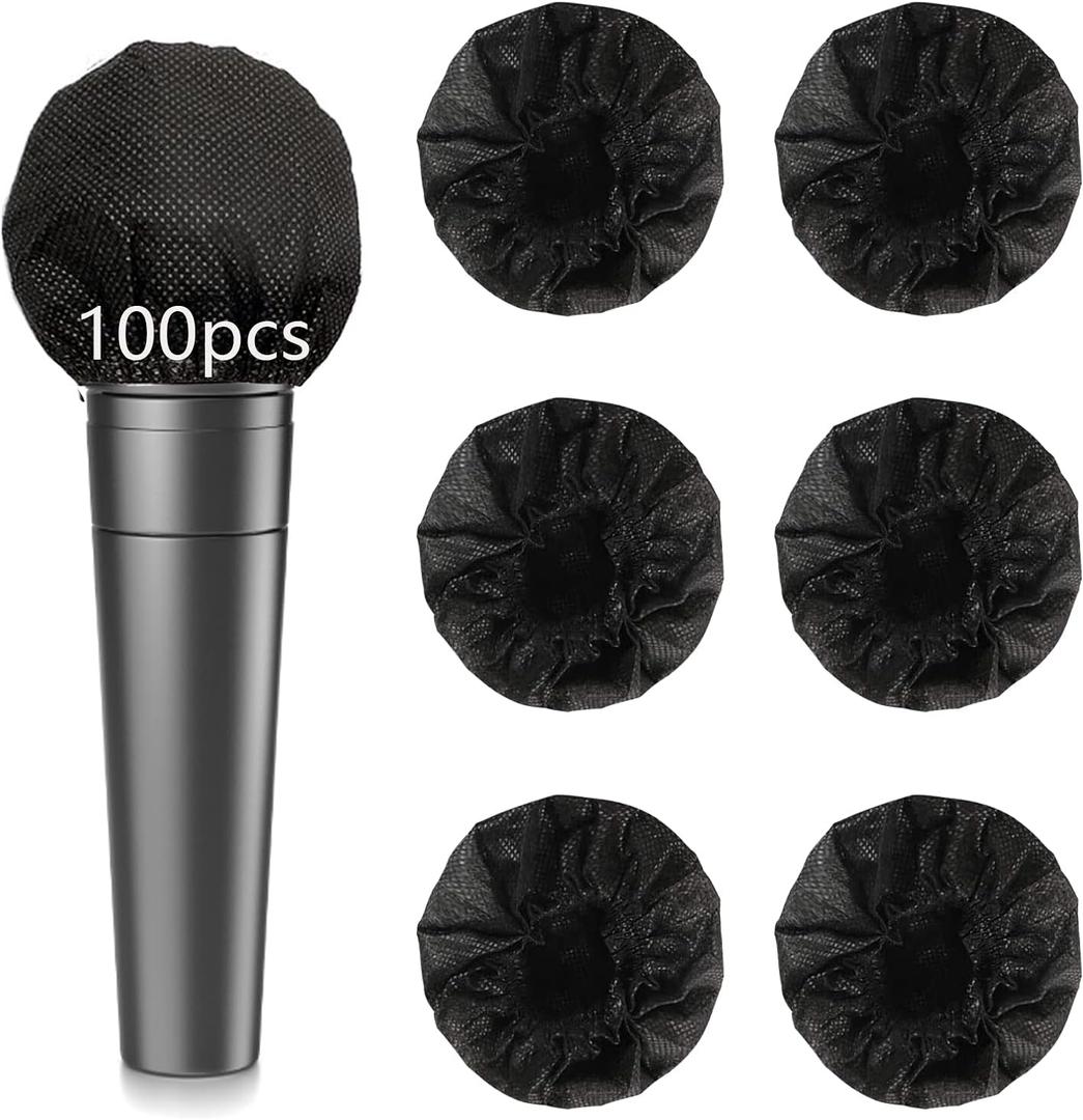 100PCS Microphone Cover Disposable Non-Woven Microphone Windscreen Protective Cap Karaoke Mic Cover for KTV Home Karaoke Bar News Interview (Black)
