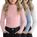3 Pack Girls' Mock Turtleneck Shirts Cotton Long Sleeve Ribbed Tops Slim Fit Casual Base Layer for Kids Winter (7-8 Years, White, Macaron Pink, Macaron Blue)