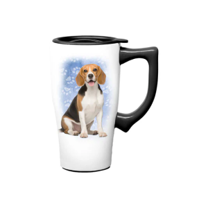 Spoontiques Beagle Ceramic Travel Coffee Mug with Lid and Handle - Spill Proof Lid - Double Walled Mug for Hot and Cold Beverages - Microwave and Dishwasher Safe