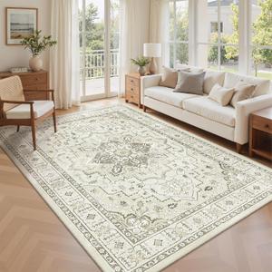 zesthome 5x7 Area Rugs, Machine Washable Rugs for Living Room, Bedroom, Stain Resistant Vintage Large Area Rug, Non-Slip Medallion Pattern Home Decor Rugs (Beige,5'x7')