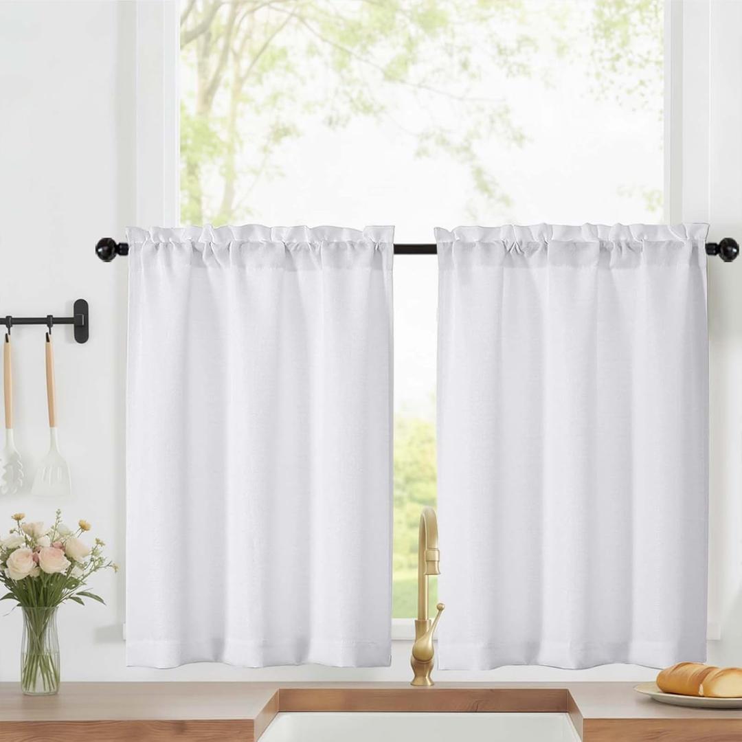 LIVEKID White Short Kitchen Curtains 36 Inch Length Tier Curtain 2 Panels - Faux Linen Textured Cafe Curtain, Light Filtering Small Windows Curtains for Bathroom Basement, 30" W x 36" L