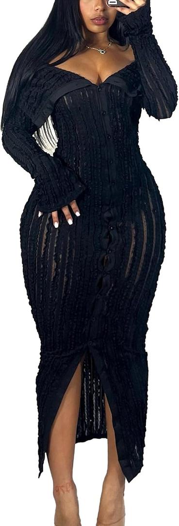 Sexy Button Down Dresses for Women Date Night Off Shoulder See Through Mesh Ruffle Bodycon Maxi Dress, XL