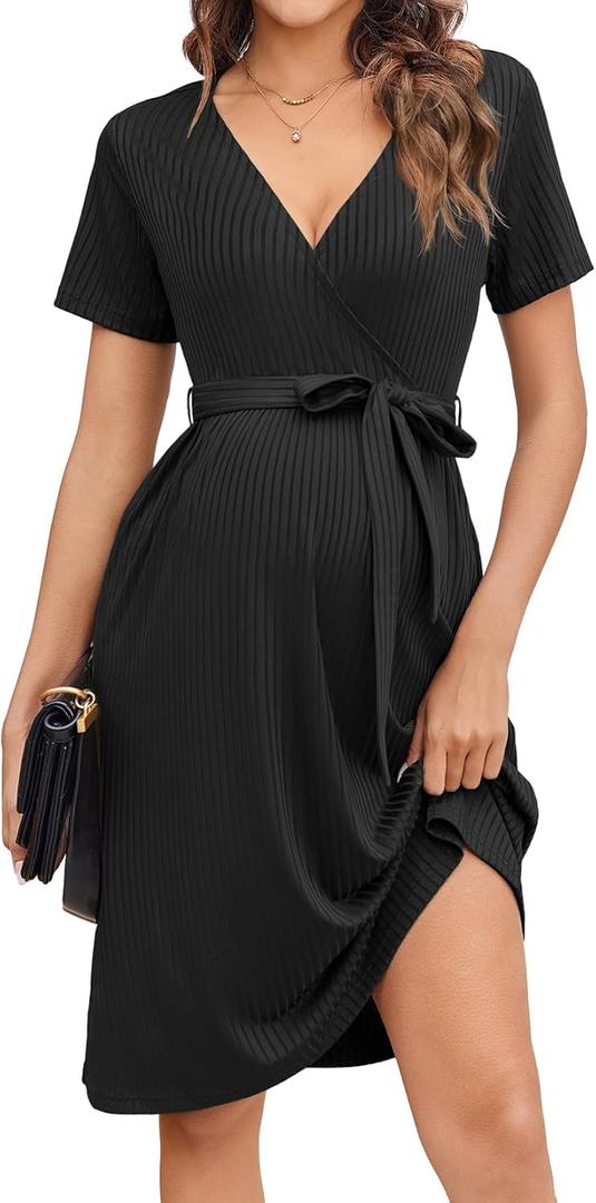 Ekouaer Women Short Sleeve Maternity Nursing Dress Casual V Neck Breastfeeding Loungewear Ribbed Knit Pregnancy Dresses S-XXL (Black)