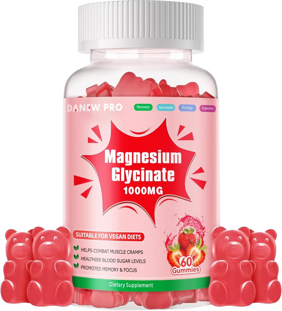3 x Magnesium Glycinate Gummies 1000mg - Sugar Free Magnesium Potassium Supplement with Vitamin D, B6, CoQ10 for Calm Mood & Sleep Support - 60 Strawberry Gummies