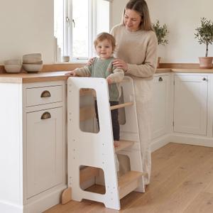 Toddler Tower for Kids, Adjustable Wooden Standing Tower & Kitchen Step Stool, Anti-Tip Montessori Tower with Removable Safety Rails & Non-Slip Steps - Sustainable Reclaimed Wood (White)