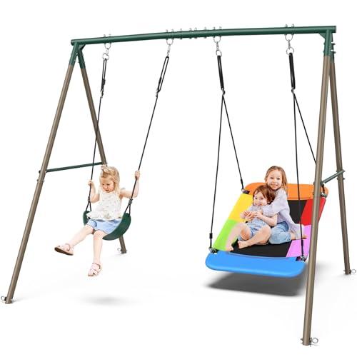 Amazon.com: Hapfan Swing Sets for Backyard with 45" Platform Saucer Swing and Belt Swing, 440 lbs Swingset Outdoor for Toddler and Kids 3-8 Backyard : Toys & Games