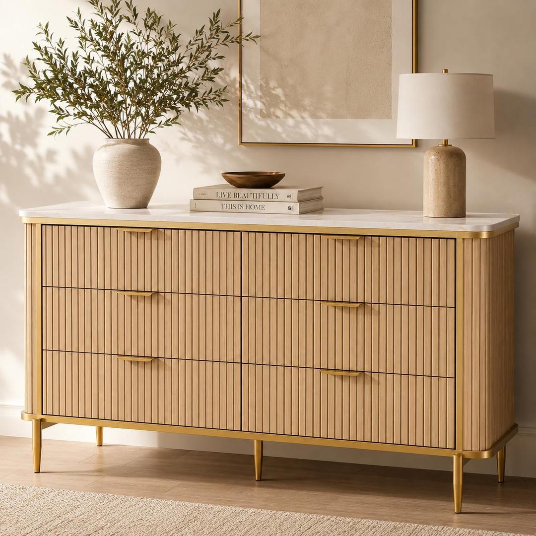 55.1" W 6 Drawer Dresser for Bedroom, Modern Fluted Wood Dresser with Marble-Look Top and Gold Accents, Double Chest of Drawers Storage Cabinet for Closet, Living Room, Entryway, Natural Oak, 15.7"D x 55.1"W x 31.5"H