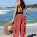 TARSE Womens Linen Wide Leg Pants Casual Loose Elastic Waist Beach Travel Vacation Palazzo Harem Pants with Pockets (Red, XL)