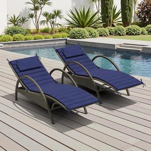 Crestlive Products Chaise Lounge Cushion Outdoor Set of 2, Foldable Waterproof Pool Lounge Chair Cushions with Straps, Lounger Cushions for Outdoor Furniture 80''Lx26''W (Navy)
