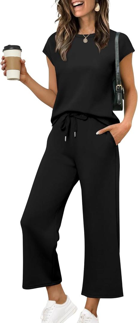 Sampeel Two Piece Sets for Women Summer Vacation Outfits Cap Sleeve Tops Lounge Matching Sets Clothing Beach Fashion Clothes (Large, Black)