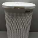 Mind Reader Slim Laundry Hamper with Lid, 60L Clothes Basket, Premium Wicker Design, Plastic, White (Single)