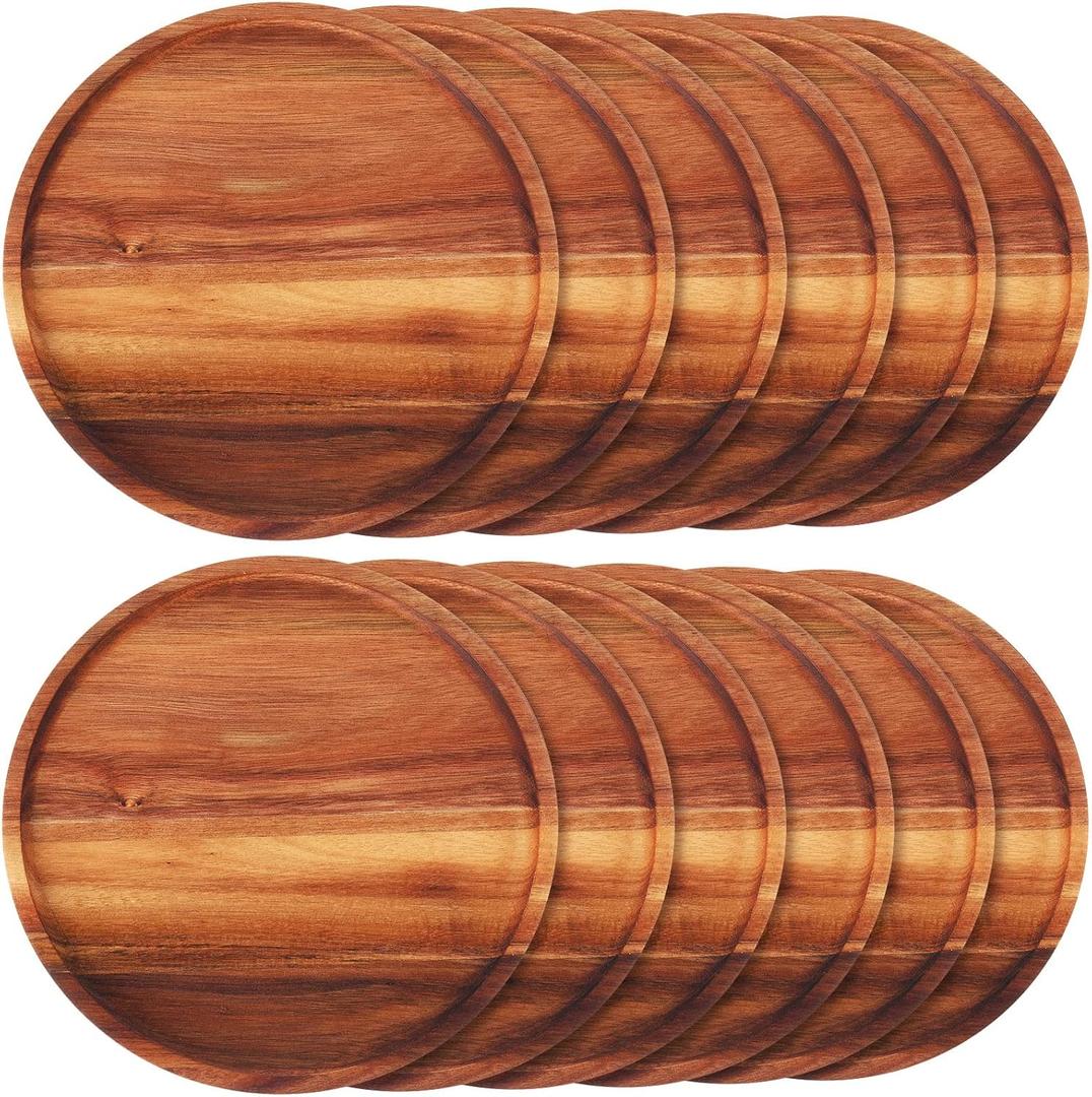 Rtteri 12 Pcs Acacia Wood Dinner Plates Round Wood Dishes Wooden Charger Serving Tray Easy Cleaning Lightweight Unbreakable Classic Plate for Snack Dessert Housewarming Gift(0.95 Inches)